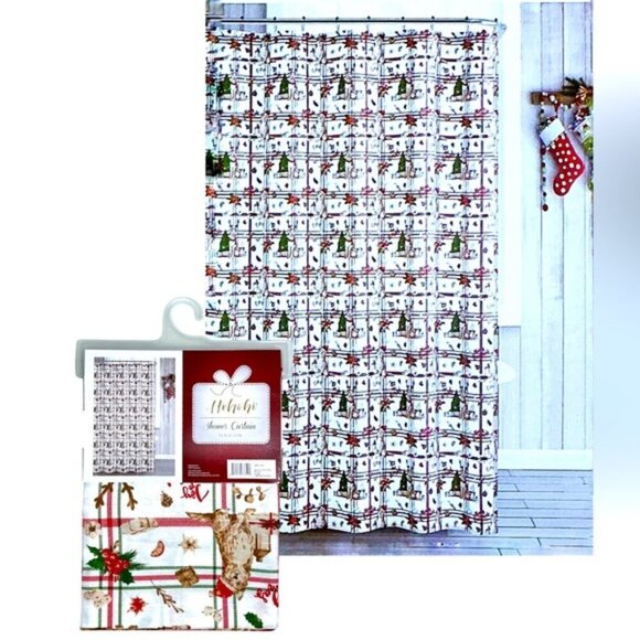 Christmas Shower Curtain Fabric Tartan Buffalo Plaid Dog Print Red White 70 x 72 - Picture 1 of 16